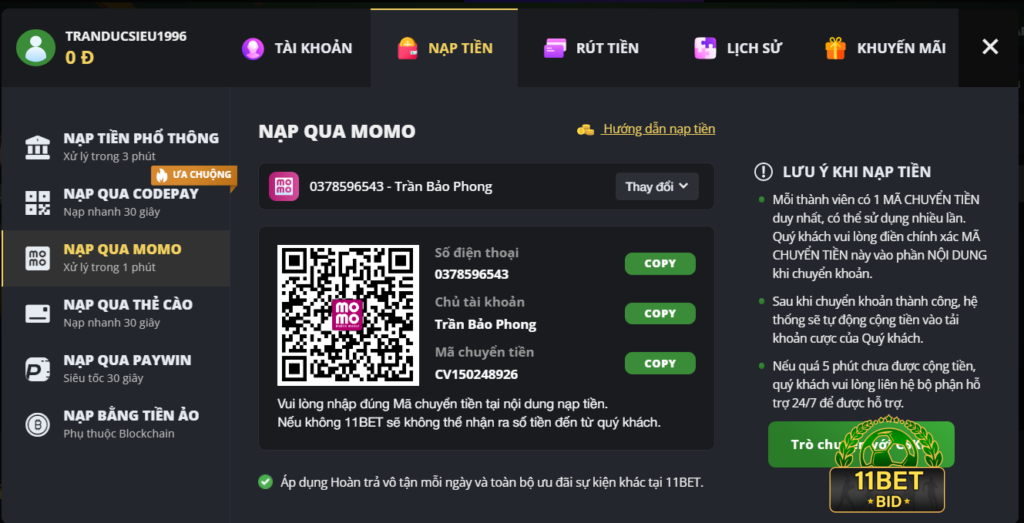 Hướng dẫn nạp tiền 11Bet qua Momo